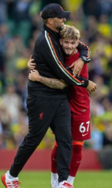 A warm hug by manager Jurgen Klopp after stunning performance of Harvey Elliott.